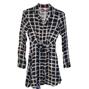 Vintage 1990's Esprit Black White Block Floral Dress Medium Button up Belted